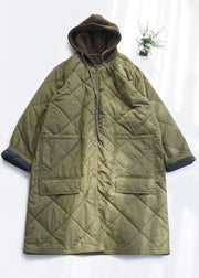 Casual Army Green Pockets Fine Cotton Filled Hooded Coat Fall