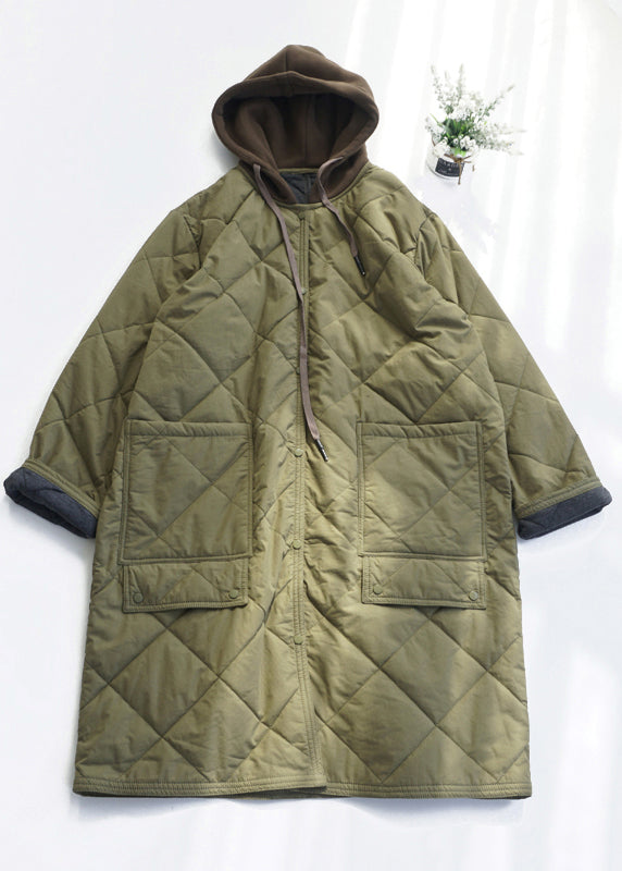 Casual Army Green Pockets Fine Cotton Filled Hooded Coat Spring