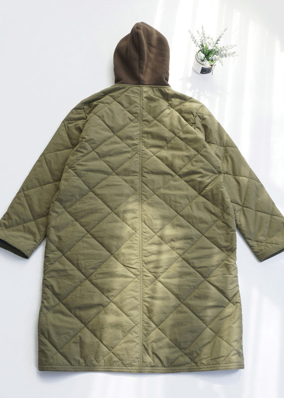 Casual Army Green Pockets Fine Cotton Filled Hooded Coat Spring