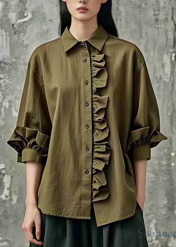 Casual Army Green Ruffled Button Tops Bracelet Sleeve