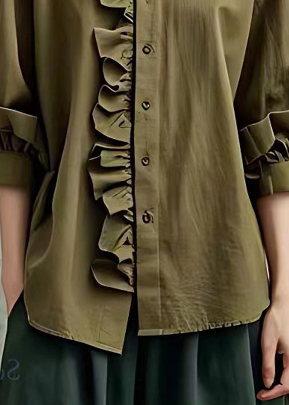 Casual Army Green Ruffled Button Tops Bracelet Sleeve