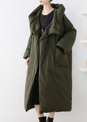 Casual Army Green Turtleneck Zippered Duck Down Hooded Long Down Coat Winter