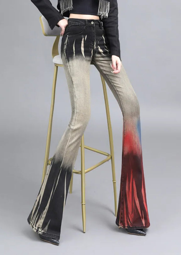 Casual Asymmetrical Tie Dye Denim Bell-bottom Trousers Spring