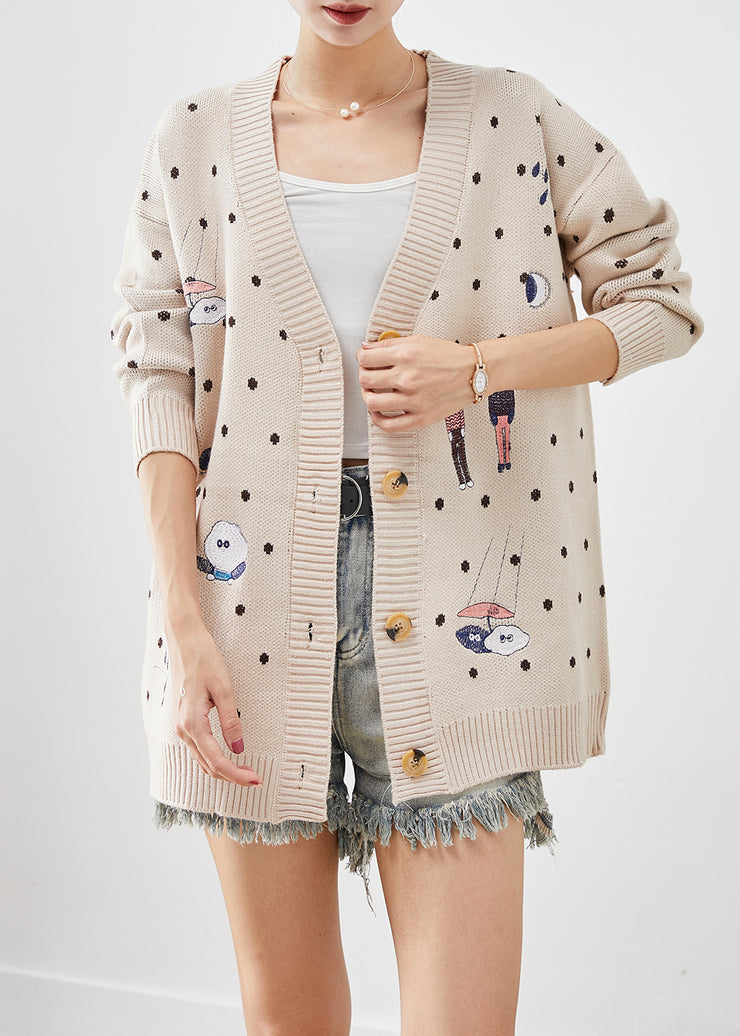 Casual Beige Embroidered Knit Loose Coat Winter