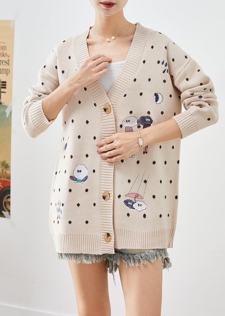 Casual Beige Embroidered Knit Loose Coat Winter