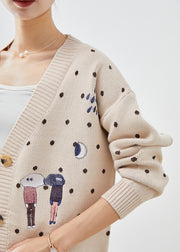 Casual Beige Embroidered Knit Loose Coat Winter