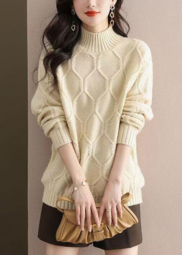 Casual Beige Half Hign Neck Thick Knit Sweater Tops Fall