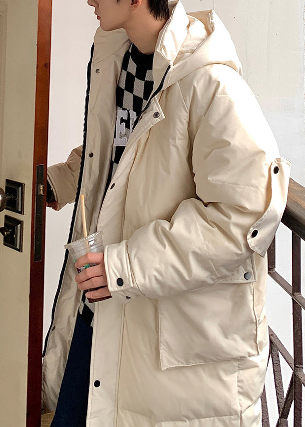 Casual Beige Hooded Zippered Pockets Duck Down Men Down Coats Winter