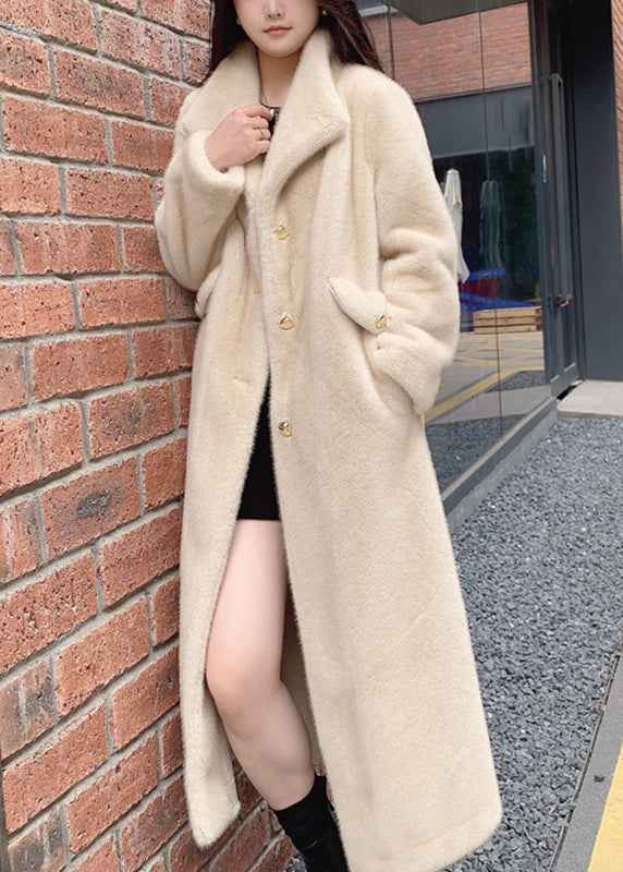 Casual Beige Notched Button Thick Leather And Fur Long Coats Spring