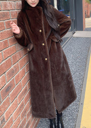 Casual Beige Notched Button Thick Leather And Fur Long Coats Winter