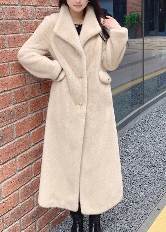 Casual Beige Notched Button Thick Leather And Fur Long Coats Spring