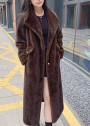 Casual Beige Notched Button Thick Leather And Fur Long Coats Spring