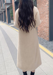 Casual Beige Notched Button Thick Leather And Fur Long Coats Spring