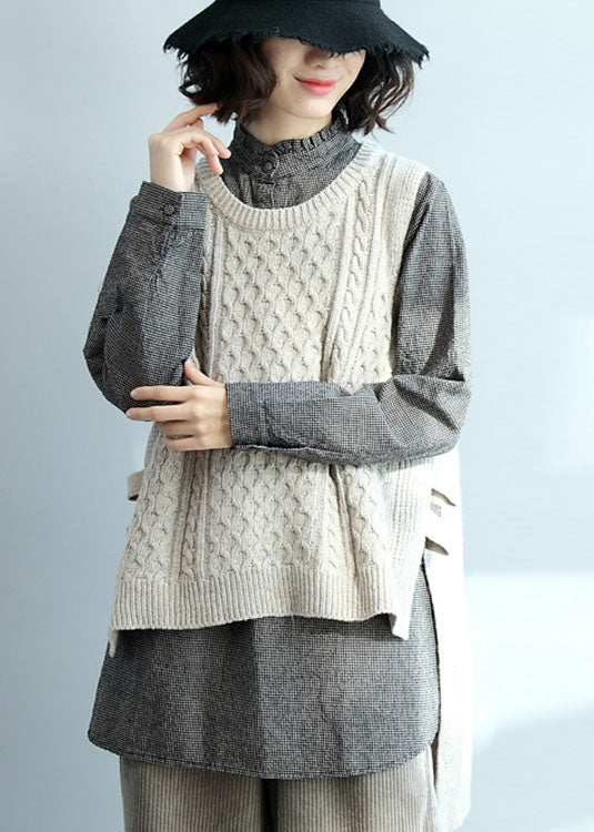 Casual Beige O-Neck Low High Design Warm Knit Vest Winter