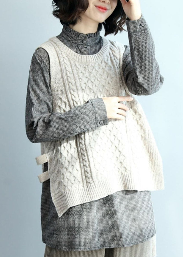 Casual Beige O-Neck Low High Design Warm Knit Vest Winter