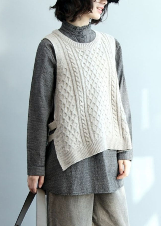 Casual Beige O-Neck Low High Design Warm Knit Vest Winter