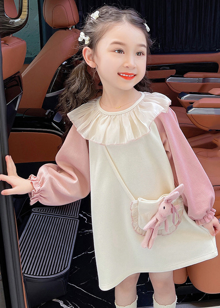 Casual Beige O-Neck Tulle Patchwork Kids Mid Dress Fall