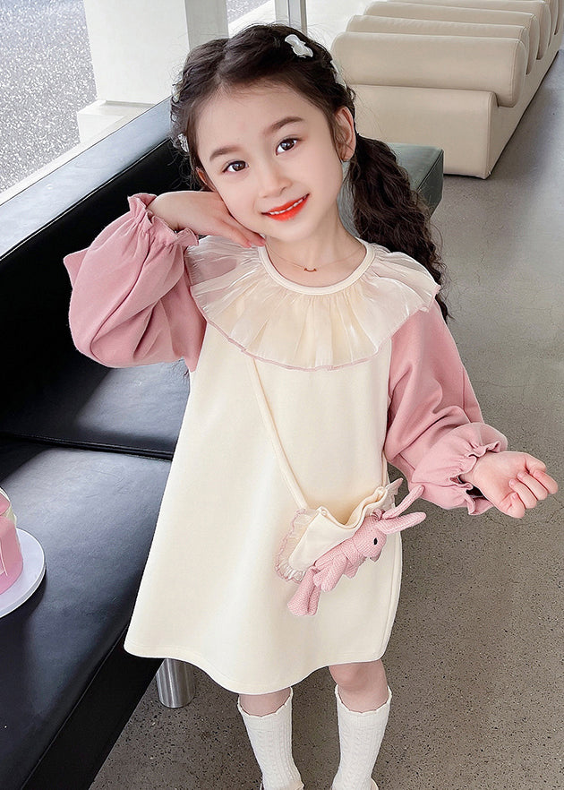 Casual Beige O-Neck Tulle Patchwork Kids Mid Dress Fall