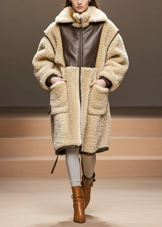 Casual Beige Oversized Patchwork Warm Fleece Coats Winter