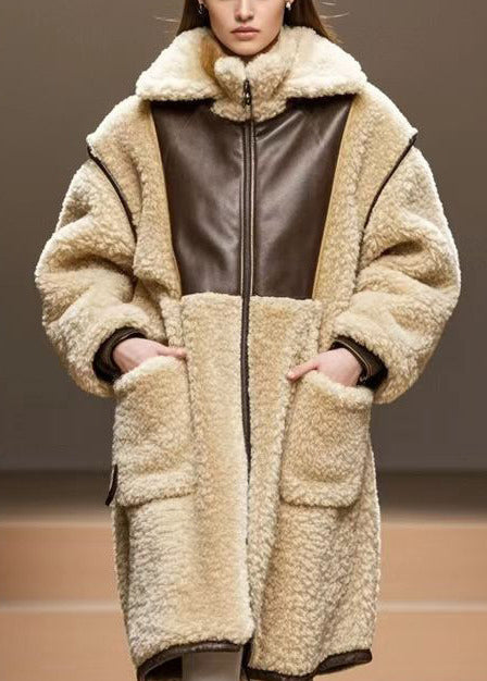 Casual Beige Oversized Patchwork Warm Fleece Coats Winter