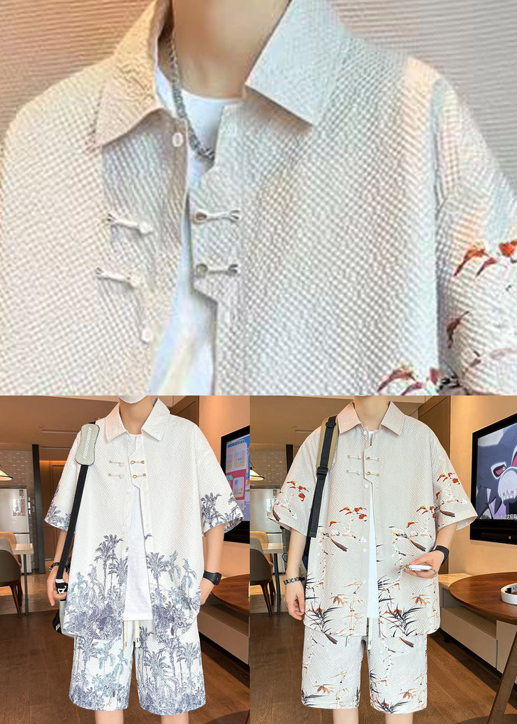 Casual Beige Peter Pan Collar Button Mens Shirt And Shorts Two Pieces Set Summer
