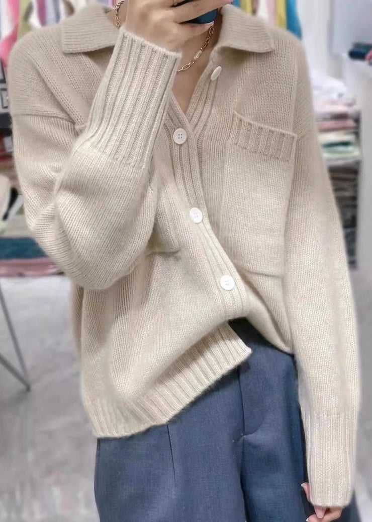 Casual Beige Peter Pan Collar Button Thick Cashmere Knit Sweater Fall