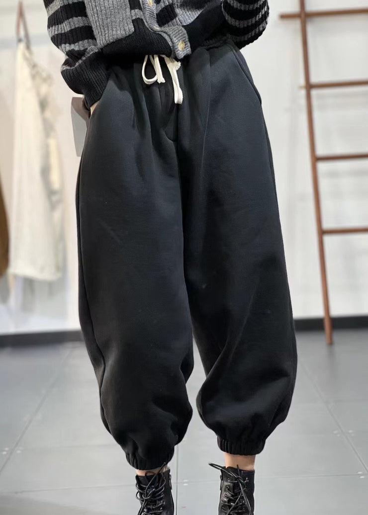 Casual Beige Pockets Elastic Waist Warm Fleece Sport Pants Fall