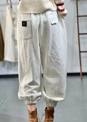 Casual Beige Pockets Elastic Waist Warm Fleece Sport Pants Fall