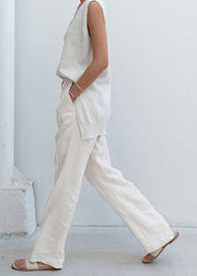 Casual Beige Pockets Lace Up Linen Straight Pants Spring