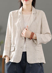 Casual Beige Pockets Patchwork Button Linen Coats Spring