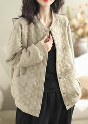 Casual Beige Stand Collar Pockets Fine Cotton Filled Jacket Winter