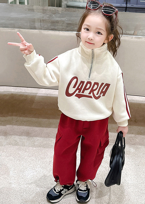 Casual Beige Stand Collar Zippered Warm Fleece Girls Top And Pants Two Piece Set Winter