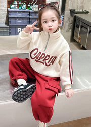 Casual Beige Stand Collar Zippered Warm Fleece Girls Top And Pants Two Piece Set Winter