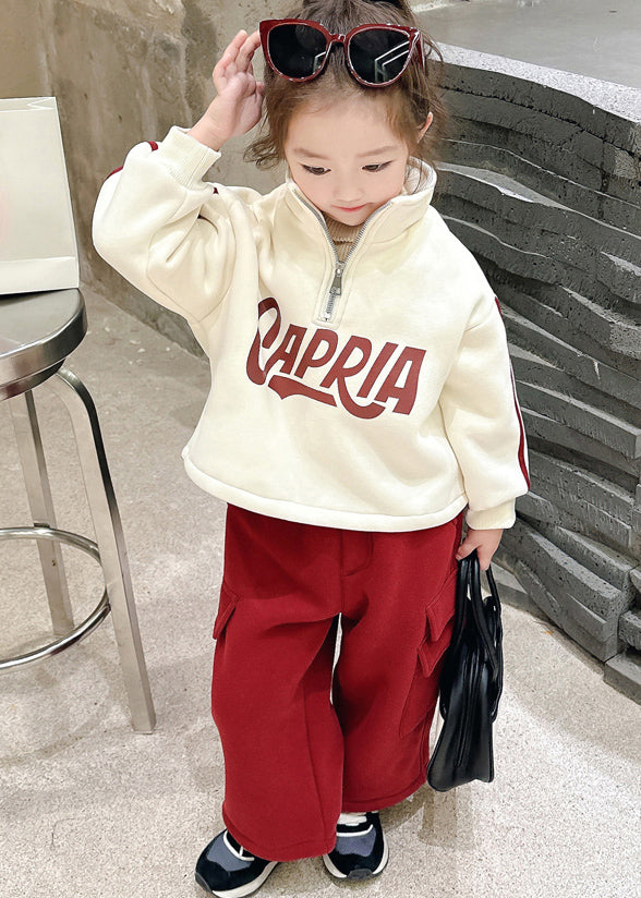 Casual Beige Stand Collar Zippered Warm Fleece Girls Top And Pants Two Piece Set Winter