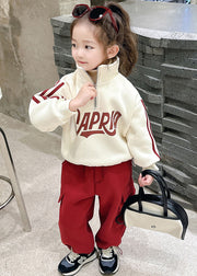 Casual Beige Stand Collar Zippered Warm Fleece Girls Top And Pants Two Piece Set Winter