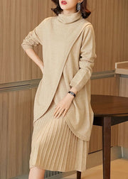 Casual Beige Turtle Neck Asymmetrical Design Knit Two Piece Set Winter