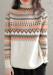 Casual Beige Turtle Neck Thick Print Knit Sweater Tops Winter