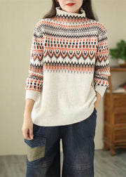 Casual Beige Turtle Neck Thick Print Knit Sweater Tops Winter