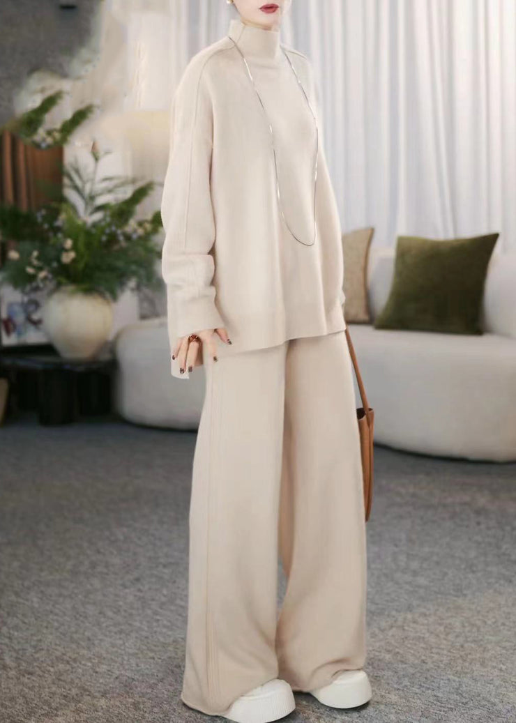 Casual Beige Turtleneck Cotton Knit Sweaters And Wide Leg Pants Two Pieces Set Winter