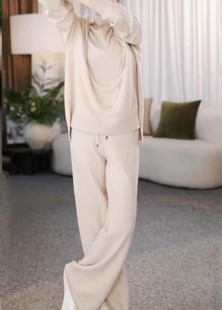 Casual Beige Turtleneck Cotton Knit Sweaters And Wide Leg Pants Two Pieces Set Winter