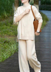 Casual Beige Turtleneck Cotton Knit Sweaters And Wide Leg Pants Two Pieces Set Winter