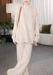 Casual Beige Turtleneck Cotton Knit Sweaters And Wide Leg Pants Two Pieces Set Winter