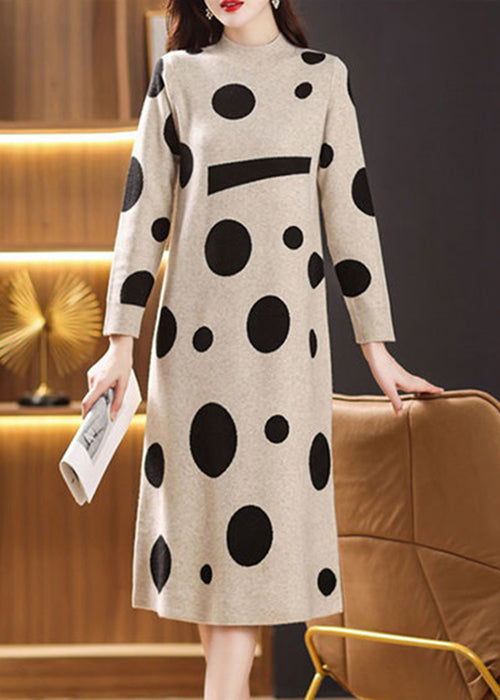 Casual Beige Turtleneck Print Patchwork Knit Long Sweater Fall