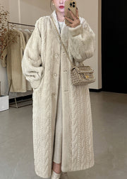 Casual Beige V Neck Button Mink Hair Leather And Fur Long Coats Spring