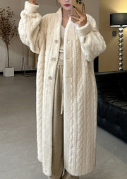 Casual Beige V Neck Button Mink Hair Leather And Fur Long Coats Spring