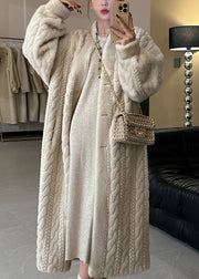 Casual Beige V Neck Button Mink Hair Leather And Fur Long Coats Spring