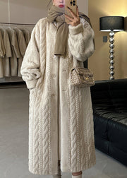 Casual Beige V Neck Button Mink Hair Leather And Fur Long Coats Winter