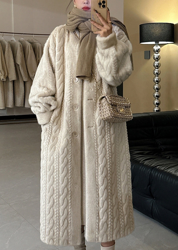 Casual Beige V Neck Button Mink Hair Leather And Fur Long Coats Spring