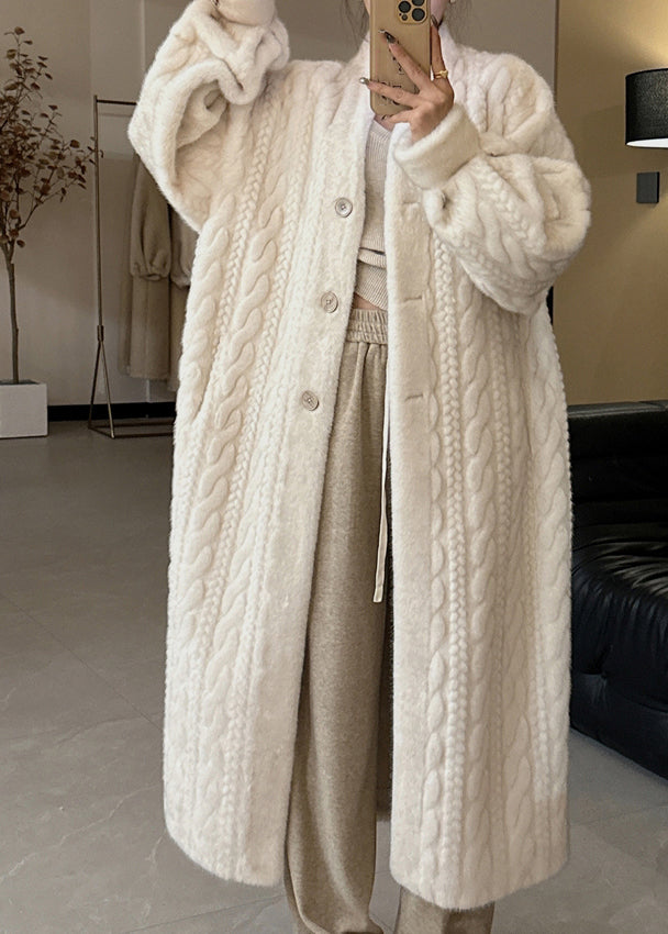 Casual Beige V Neck Button Mink Hair Leather And Fur Long Coats Spring