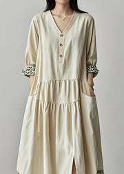 Casual Beige V Neck Pockets Print Cotton Dresses Summer